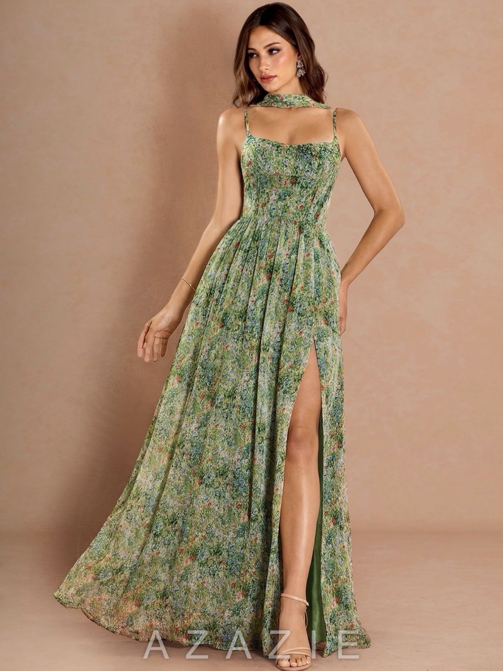 Azazie Green Floral Chiffon Maxi Dress With Smocked Bodice And Thigh Slit
